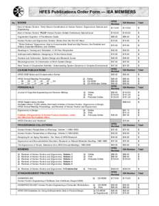 HFES Publications Order Form — IEA MEMBERS Qty BOOKS  HFES