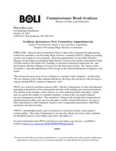 Commissioner Brad Avakian Bureau of Labor and Industries PRESS RELEASE For Immediate Distribution October 18, 2010