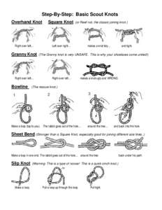 Knot / Bowline / Two half-hitches / Taut-line hitch / Clove hitch / Reef knot / Slip knot / Shoelaces / Half hitch / Scoutcraft / Scouting / Ropework