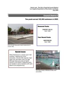 Quick Look - The City’s Pools By Council District Los Angeles Department of Recreation and Parks July 2004 Council District 5 Two pools served 102,584 swimmers in 2003.
