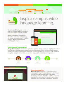 Inspire campus-wide language learning. Students, staff, faculty, and alumni will love learning with Mango Languages’ rich curricula and authentic content. Mango Languages includes two