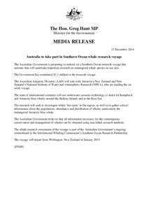 Australia to take part in Southern Ocean whale research voyage - media release 15 December 2014