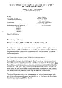 MINISTERIUM FÜR KULTUS, JUGEND UND SPORT BADEN-WÜRTTEMBERG PostfachStuttgart E-Mail:   An die