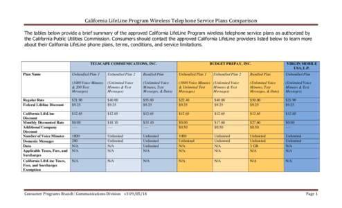 California LifeLine Program Wireless Telephone Service Plans Comparison