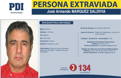 José Armando MARQUEZ SALDIVIA  Edad: 56 años. Estatura: 1.60 mts. Tez: Blanca. Iris: Café claro.