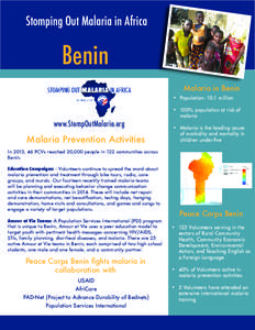 Stomping Out Malaria in Africa  Benin Malaria in Benin •	 Population: 10.1 million