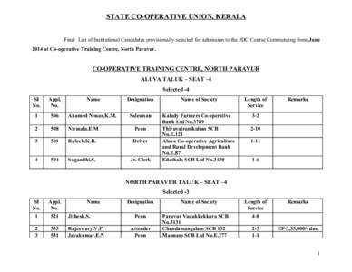 STATE CO-OPERATIVE UNION, KERALA Final List of Institutional Candidates provisionally selected for admission to the JDC Course Commencing from June 2014 at Co-operative Training Centre, North Paravur. CO-OPERATIVE TRAINI