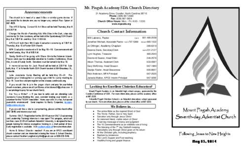 Mt. Pisgah Academy SDA Church Directory Announcements