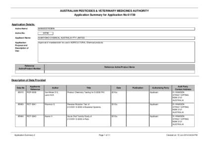 AUSTRALIAN PESTICIDES & VETERINARY MEDICINES AUTHORITY Application Summary for Application No[removed]Application Details: Active Name: