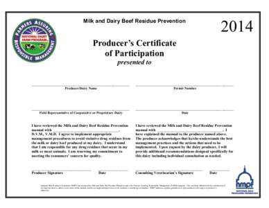 Milk and Dairy Beef Residue Prevention[removed]Producer’s Certificate of Participation