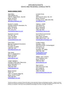 ARCHAEOLOGISTS IDAHO AND REGIONAL CONSULTANTS IDAHO CONSULTANTS Adam Berg ASM Affiliates Inc[removed]W. Hayes Street., Ste.200