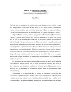 Abstracta SPECIAL ISSUE I, pp. 5 – 7, 2008  PRÉCIS OF THE HUMAN ANIMAL (Oxford: Oxford University Press, 1997) Eric Olson