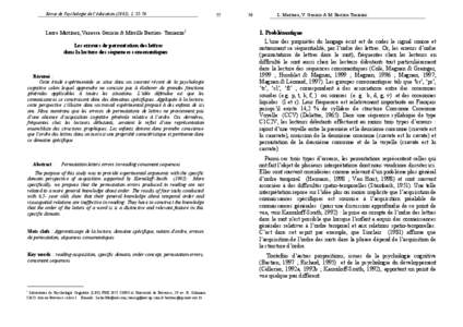 Revue de Psychologie de lée ducation (2001), 1, [removed]Laure Martinez, Vanessa Genisio & Mireille Bastien- Toniazzo1 Les erreurs de permutation des lettres dans la lecture des se quences consonantiques