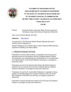 STATEMENT OF PROCEEDINGS FOR THE REGULAR MEETING OF THE BOARD OF SUPERVISORS OF THE COUNTY OF LOS ANGELES HELD IN ROOM 381B OF THE KENNETH HAHN HALL OF ADMINISTRATION 500 WEST TEMPLE STREET, LOS ANGELES, CALIFORNIA 90012