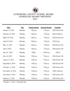 LUNENBURG COUNTY SCHOOL BOARD SCHEDULED BOARD MEETINGS 2014