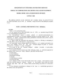 DEPARTMENT OF CONSUMER AND INDUSTRY SERVICES BUREAU OF CORPORATIONS, SECURITIES AND LAND DEVELOPMENT MOBILE HOME AND LAND RESOURCES DIVISION LIVING CARE  (By authority conferred on the corporation and securities bureau b