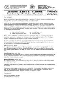 29 Jeanette Crescent ABERFOYLE PARK SA 5159 Telephone: [removed]Fax: [removed]Hubcaps: [removed]ABERFOYLE HUB R-7 SCHOOL