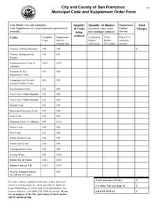 City and County of San Francisco Municipal Code and Supplement Order Form Code Binders are sold separately. Code Supplements are issued quarterly and invoiced annually.