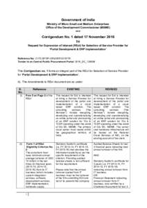 Government of India Ministry of Micro Small and Medium Enterprises Office of the Development Commissioner (MSME) *** Corrigendum No. 1 dated 17 November 2016