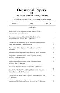 Occasional Papers Of The Belize Natural History Society A JOURNAL OF BELIZEAN NATURAL HISTORY Volume 2