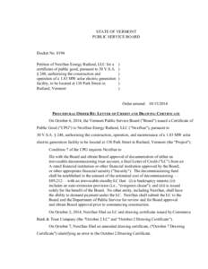 #8194 Procedural Order Re: Letter of Credit STATE OF VERMONT PUBLIC SERVICE BOARD Docket No[removed]Petition of NextSun Energy Rutland, LLC for a