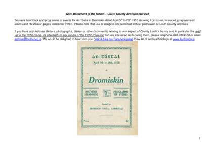 April Document of the Month – Louth County Archives Service Souvenir handbook and programme of events for An Tóstal in Dromiskin dated April 5th to 26th 1953 showing front cover, foreword, programme of events and ‘f