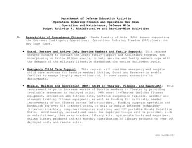 Department of Defense Education Activity Operation Enduring Freedom and Operation New Dawn Operation and Maintenance, Defense Wide Budget Activity 4, Administrative and Service-Wide Activities I.