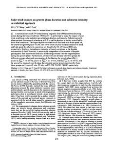 JOURNAL OF GEOPHYSICAL RESEARCH: SPACE PHYSICS, VOL. 118, 4270–4278, doi:[removed]jgra.50399, 2013  Solar wind impacts on growth phase duration and substorm intensity: A statistical approach H. Li,1 C. Wang,1 and Z. Pen