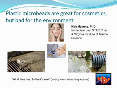 Plastic microbeads are great for cosmetics, but bad for the environment Kirk Havens, PhD, Immediate past STAC Chair & Virginia Institute of Marine Science