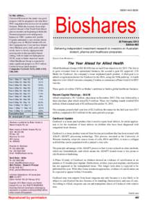 Bioshares  Number 492 – 22 February 2013 In this edition... Universal Biosensors has made very good