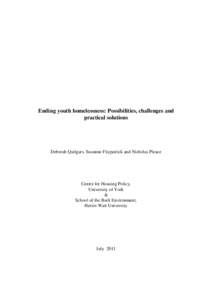 Ending youth homelessness: Possibilities, challenges and practical solutions Deborah Quilgars, Suzanne Fitzpatrick and Nicholas Pleace  Centre for Housing Policy,