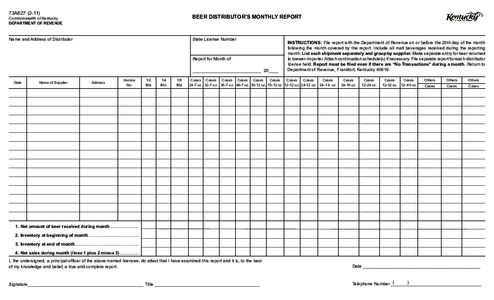 73A627[removed]BEER DISTRIBUTOR’S MONTHLY REPORT Commonwealth of Kentucky DEPARTMENT OF REVENUE