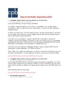 Open to the Public Report of Comments Received by CPB:  September 2013