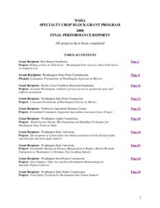 WSDA SPECIALTY CROP BLOCK GRANT PROGRAM 2008 FINAL PERFORMANCE REPORTS All projects have been completed TABLE of CONTENTS