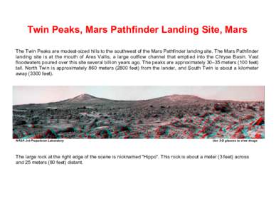 Twin Peaks, Mars Pathfinder Landing Site, Mars The Twin Peaks are modest-sized hills to the southwest of the Mars Pathfinder landing site. The Mars Pathfinder landing site is at the mouth of Ares Vallis, a large outflow 