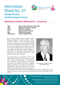 Information Sheet No. 27 Heritage Services Geraldton Regional Library FRANCESCO (FRANK) MIRAGLIOTTA – Crayfishing 1889