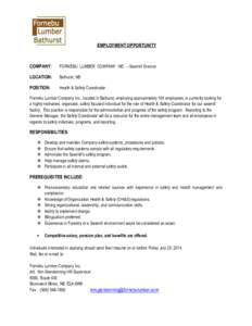 EMPLOYMENT OPPORTUNITY  COMPANY: FORNEBU LUMBER COMPANY INC. – Sawmill Division