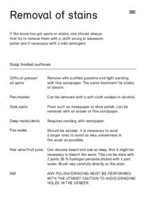Removal of stains If the wood has got spots or stains, one should always first try to remove them with a cloth wrung in lukewarm water and if necessary with a mild detergent.  Soap treated surfaces