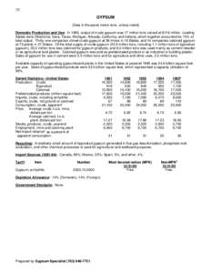 72  GYPSUM (Data in thousand metric tons, unless noted) Domestic Production and Use: In 1995, output of crude gypsum was 17 million tons valued at $116 million. Leading States were Oklahoma, Iowa, Texas, Michigan, Nevada