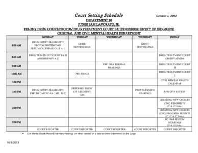 Court Setting Schedule  O c tobe r 1, 2 013 DEPARTMENT 10 JUDGE SAM LAVORATO, JR.