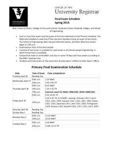 Final Exam Schedule Spring 2016 Blair School of Music, College of Arts and Science, Graduate School, Peabody College, and School of Engineering. •