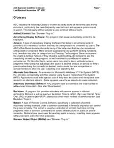 Anti-Spyware Coalition Glossary Last Revised November 12th 2007 Page 1  Glossary