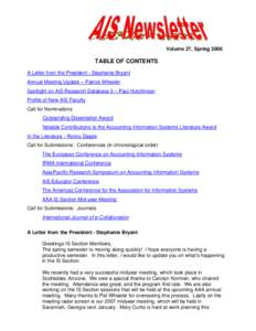 Volume 27, Spring[removed]TABLE OF CONTENTS A Letter from the President - Stephanie Bryant Annual Meeting Update – Patrick Wheeler Spotlight on AIS Research Database 2 – Paul Hutchinson