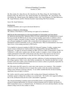 Advanced Standing Committee October 25, 2010 Ms. Rita Archer, Dr. Athos Brewer, Ms. Julia Brown, Mr. Phuoc Dang, Dr. Abe Eftekhari, Ms. Kimberly Ellis, Ms. Holly Frost, Ms. Alethea Hamilton, Dr. Beth Harper, Ms. Alice He