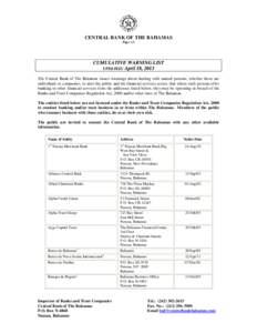 CENTRAL BANK OF THE BAHAMAS Page 1/6 CUMULATIVE WARNING LIST UPDATED: April 18, 2013 The Central Bank of The Bahamas issues warnings about dealing with named persons, whether these are