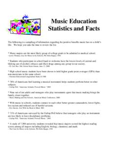 Music Education Statistics and Facts The following is a sampling of information regarding the positive benefits music has on a child’s life. We hope you take the time to review the list.  * Music majors are the most li