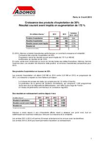 Paris, le 9 avrilCroissance des produits d’exploitation de 30% Résultat courant avant impôts en augmentation de 172 %  2014