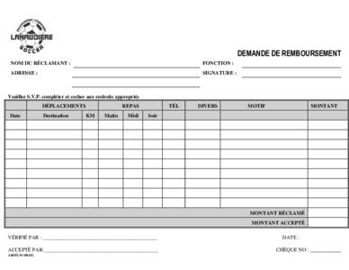 DEMANDE DE REMBOURSEMENT NOM DU RÉCLAMANT : FONCTION :  ADRESSE :