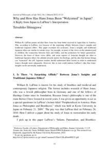 Why and How Has Hans Jonas Been “Welcomed” in Japan?: A Reply from Japan to LaFleur’s Interpretation