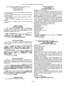 LEGISLATIVE RECORD - HOUSE, April 30, 2013 ONE HUNDRED AND TWENTY-SIXTH LEGISLATURE FIRST REGULAR SESSION 35th Legislative Day Tuesday, April 30, 2013 The House met according to adjournment and was called to